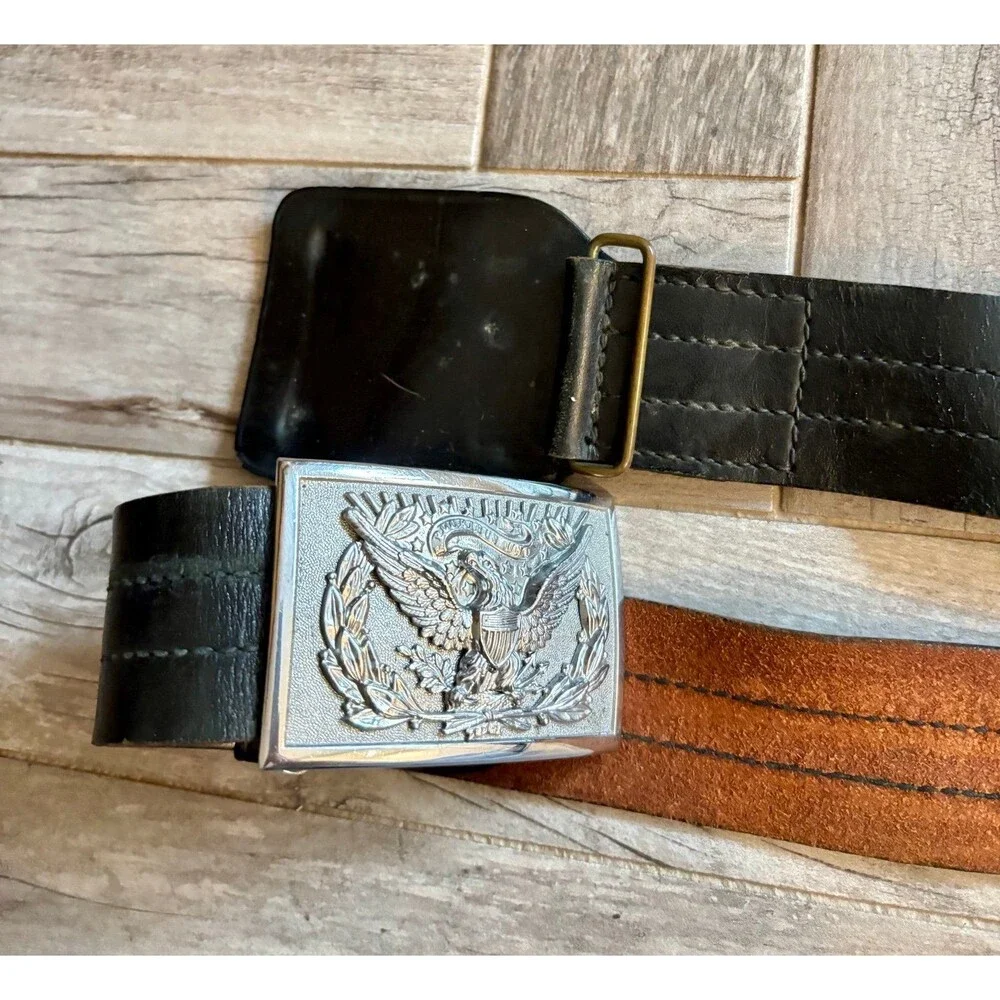 VINTAGE Unisex Silver Engraved Eagle Belt Buckle w/Adjustable Black Leather Belt